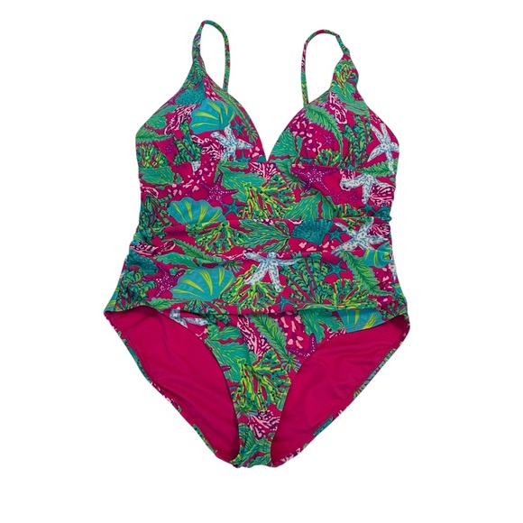 Stella Parker Tropical One Piece Swimsuit XL Pink Green Starfish Print - Picture 1 of 5
